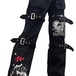 Black Straight Leg Jeans with Buckle Detail